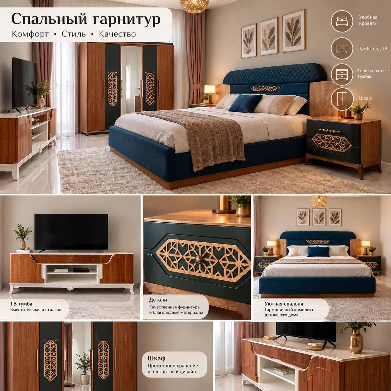 Спальный гарнитур: кровать, шкаф и тумбы 1