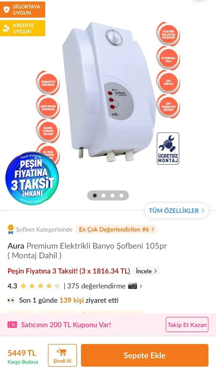 Электрический водонагреватель Aura Şofben Premium 105PR 5
